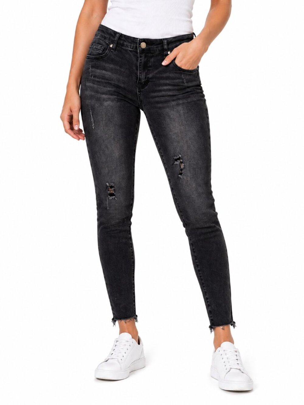 Roswear Black Skinny Jeans Medium Distressed Raw Hem Stretch Denim